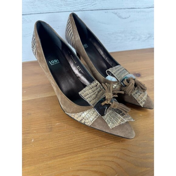 Lodi Made in Spain Suede Snakeskin Effect Tassles Heels Ladies Sz 37.5 US 7 - Picture 2 of 10